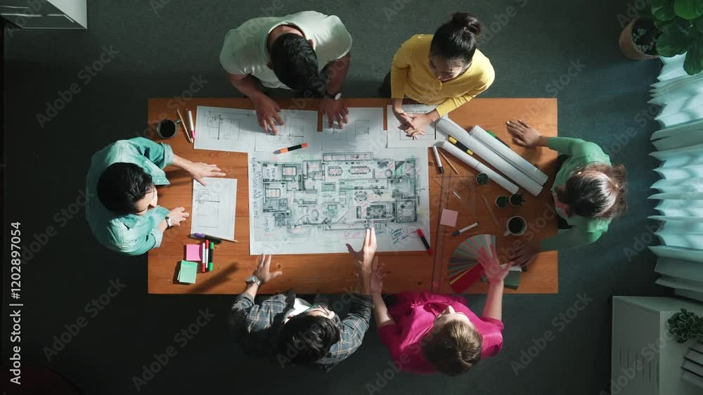 Poster top view of civil engineer team clapping hands while discussing idea at meeting table with color pal