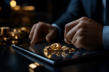 Man examines gold nuggets on tablet, wealth, finance