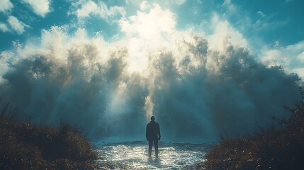 Man facing giant waves, ocean, sunlight, dramatic sky, hope concept