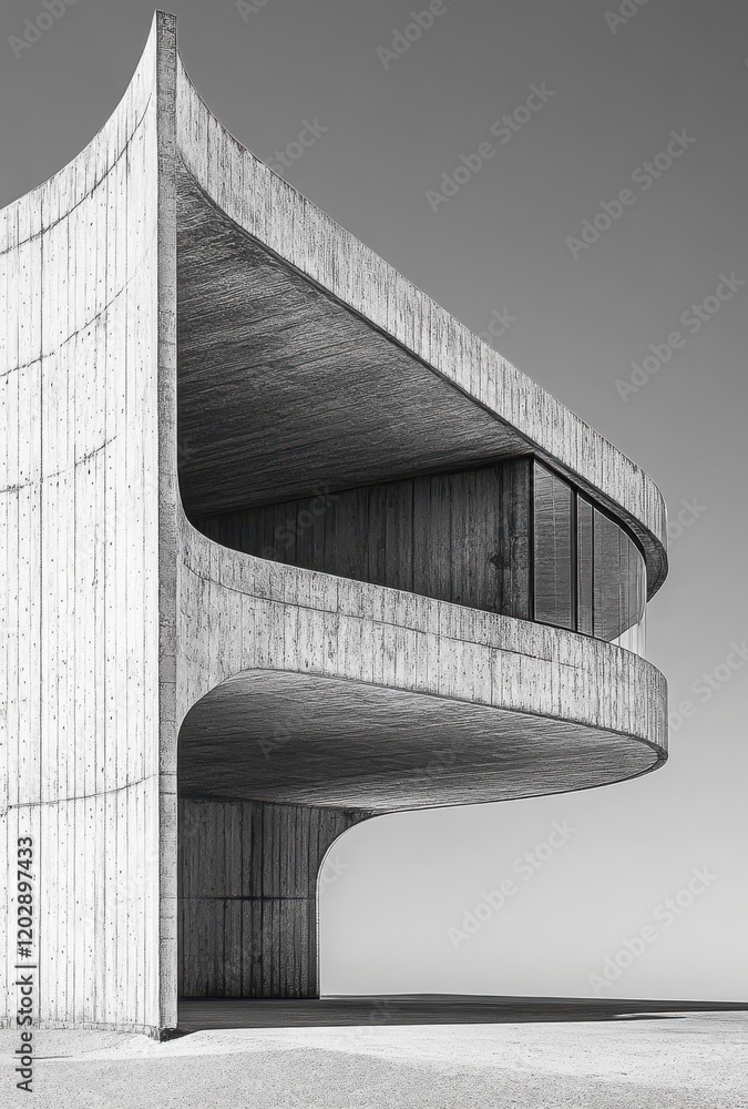 Poster modern concrete structure in minimalist style with curved design, showcasing architectural innovatio