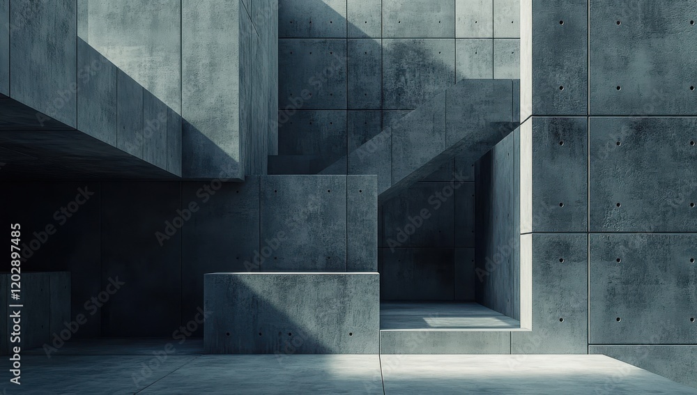 Poster modern concrete structure with geometric shapes and shadows, showcasing minimalist architecture, des