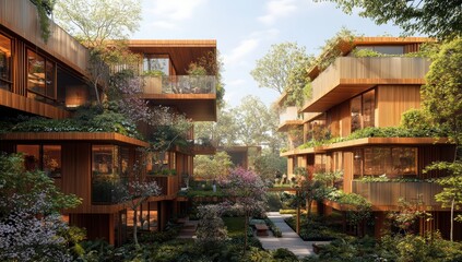 Obraz premium Modern Eco-Friendly Architecture Surrounded by Lush Greenery and Vibrant Botanicals in an Urban Landscape Showcasing Sustainable Living Design Principles