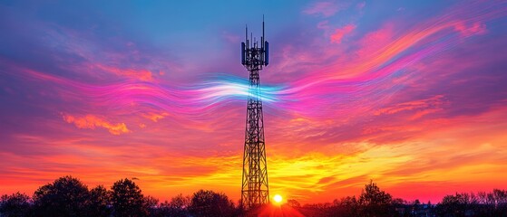 Fototapeta premium Vibrant Sunset Over a Telecommunications Tower with Colorful Sky and Clouds