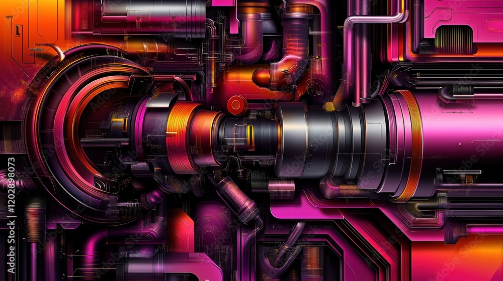 Poster abstract machinery design showcasing vibrant colors and intricate details in a futuristic setting