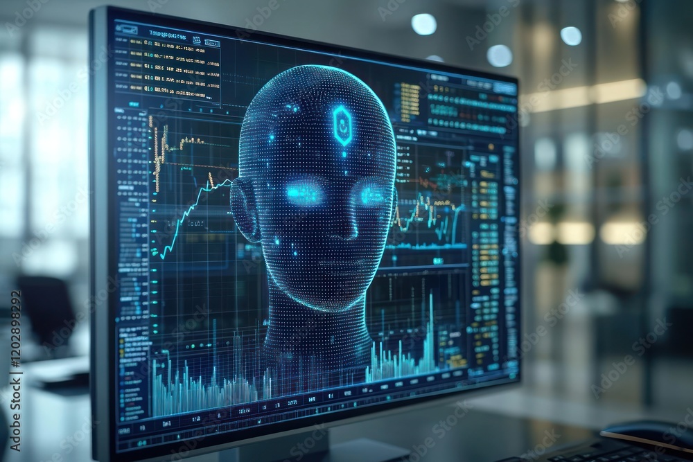 Poster futuristic digital interface displaying ai analytics and data visualization in an office