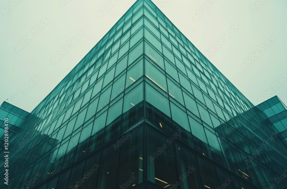 Poster modern glass building with angular design under overcast sky, highlighting reflections and minimalis