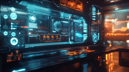 Fototapeta premium Futuristic holographic interface displays data analytics, graphs, and charts on a large monitor in a dark, high-tech room.