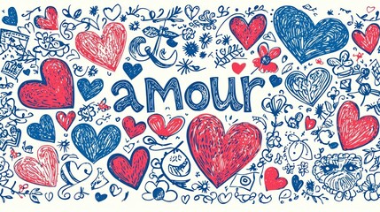 Hand-drawn hearts, flowers, amour text on white