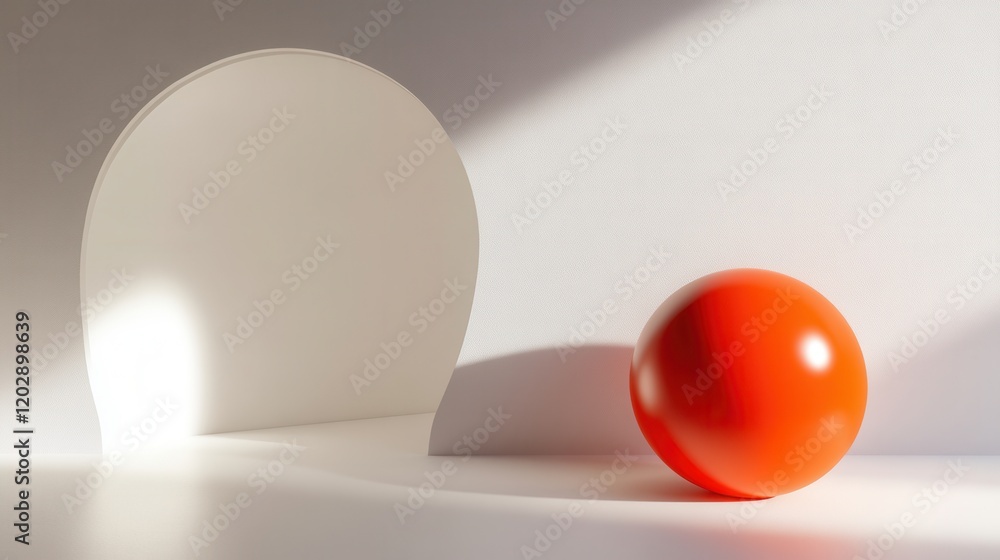 Poster abstract composition featuring a red sphere and curved white shape with soft shadows