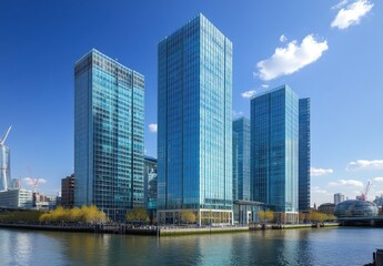 Obraz premium Modern Glass Buildings by Water with Reflective Surfaces Under a Clear Blue Sky and Bright Clouds in a Thriving Urban Environment