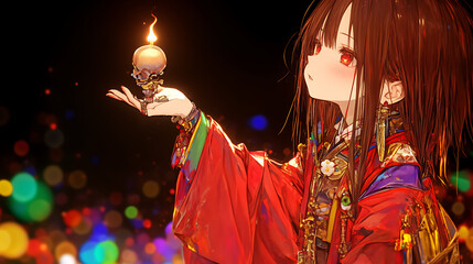 Young girl in traditional attire holding a glowing skull candle against a colorful bokeh background