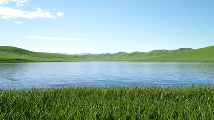 Calm Lake with Lush Grassy Shore