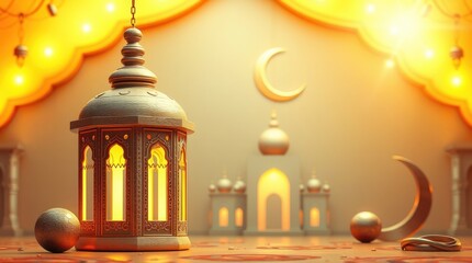 Obraz premium Ramadan Kareem background, 3D rendered, warm golden glow. Sculptural clay art style features an ornate Arabic lantern, metal moon, and mosque portal. 