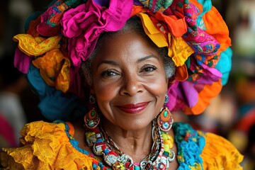 A smiling woman adorned in vibrant traditional attire and accessories, showcasing cultural heritage.