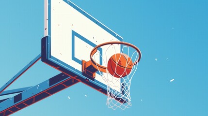 Basketball Scoring Through Hoop Against Clear Blue Sky
