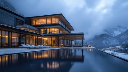 Obraz premium Modern luxury villa overlooking tranquil water in snowy mountainscape during twilight, featuring minimalist architecture and warm ambient lighting