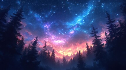 Enchanted Forest Under a Celestial Canvas: A Night in the Mystical Woods