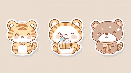 Naklejka premium Adorable Kawaii Animal Stickers: Tigers and Bear Enjoying Sweet Treats