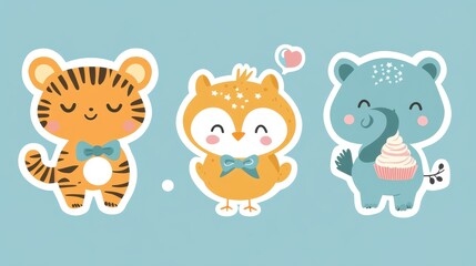 Adorable Baby Animals Cartoon Characters: Tiger, Owl, and Hippo with Cupcake