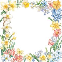 Colorful spring flower border with various blooms in soft pastels during daytime