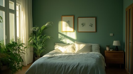 Fototapeta premium A bedroom with a bed, a lamp, and a plant