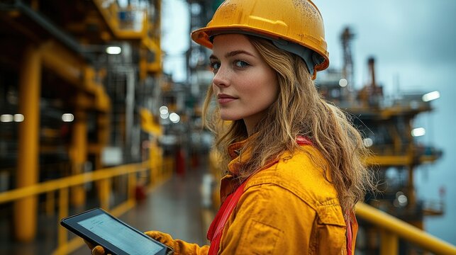 A woman in safety gear uses a tablet on an industrial site, highlighting technology in the workplace.