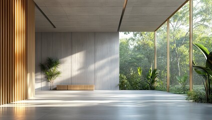 Modern Minimalist Interior with Large Windows Showcasing Natural Light and Greenery in Contemporary Architecture Design