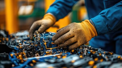 A worker assembling intricate machinery with gloves, focusing on precision and detail in a factory setting.