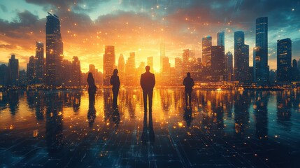 Silhouettes of Business Team at Sunset Over Futuristic Cityscape