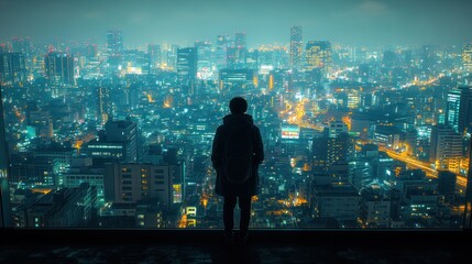 Night Cityscape: A Solitary Figure Contemplates the Urban Glow