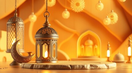 Obraz premium Ramadan Kareem background, 3D rendered, warm golden glow. Sculptural clay art style features an ornate Arabic lantern, metal moon, and mosque portal. 