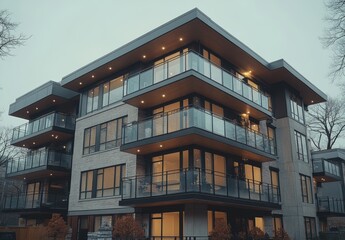 Obraz premium Modern multi-story apartment building with sleek architecture, large windows, and illuminated balconies during twilight showcasing contemporary urban living