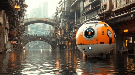 Cyberpunk Cityscape: Futuristic Sphere in Urban Canal