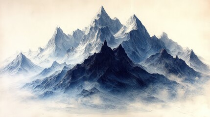 Fototapeta premium Majestic, snow-capped mountains; hazy, blue hues.