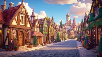 Obraz premium A bright medieval fantasy street with colorful timber-framed houses, cobblestone paths, and vibrant decorations, creating a lively and magical ambiance. Ideal for storybook settings or themed designs
