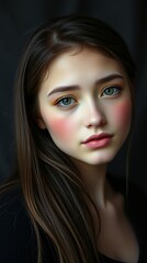 Obraz premium Portrait of a young Caucasian woman with striking blue eyes and soft makeup, set against a dark background.