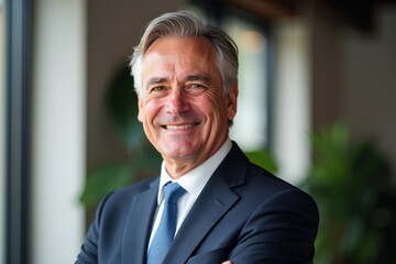 Fototapeta premium Professional Middle-Aged Businessman in a Suit Smiling Confidently in a Modern Office with Natural Light, Representing Success and Leadership