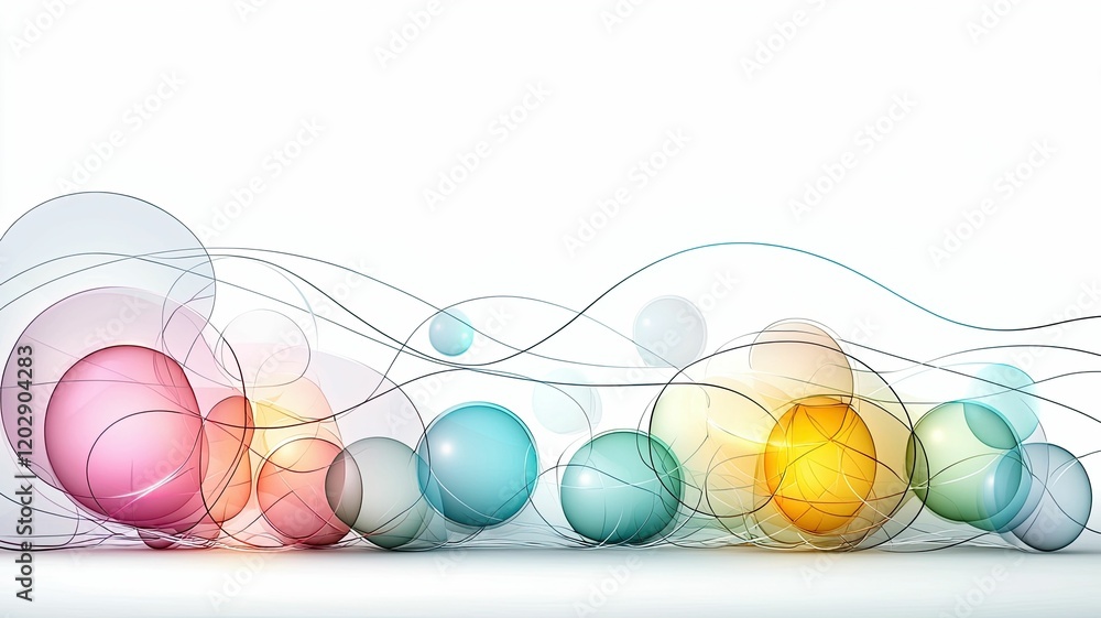 Poster colorful spheres in soft pastel shades create a wavy pattern, conveying a sense of flow and movement
