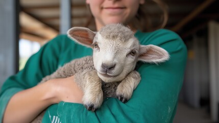 A young lamb is being held by a woman in a green shirt