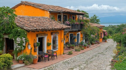 Obraz premium Colorful colonial street, hillside town, flowers, ocean view, travel destination