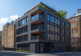 Modern Urban Architecture: Contemporary Black Brick Building with Large Windows and Green Roof in a City Setting with Clear Blue Sky