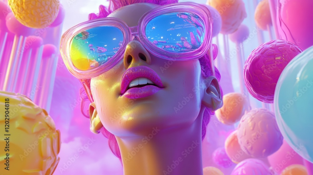 Poster abstract portrait of a person with colorful glasses surrounded by floating orbs