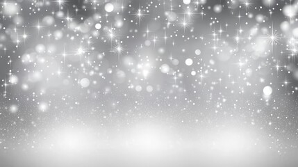 Winter background with the image of falling snow, stars and bokeh lights, white and gray colors, shiny glittery texture, blurred background