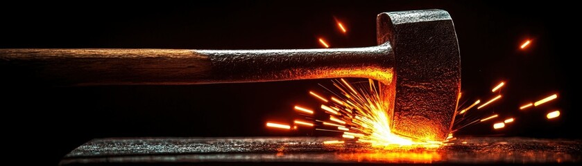 Blaze spark strength concept. A hammer strikes metal, creating sparks in a dramatic display against a dark backdrop.
