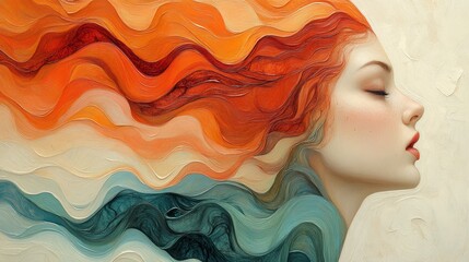 Serene Woman with Abstract Wavy Hair: A Digital Painting of Tranquility