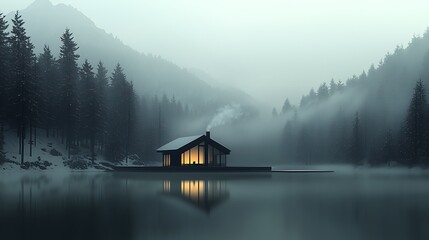 Obraz premium Serene lakeside cabin surrounded by misty mountains and pine trees at dawn, evoking tranquility