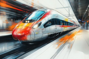 Abstract painting: speeding train, vibrant colors.