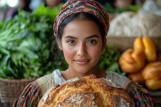 A young woman holds a loaf of bread amidst fresh produce, showcasing local food culture.
