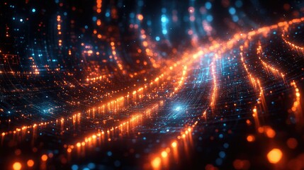 Fototapeta premium Abstract digital landscape with glowing particles in blue and orange tones.