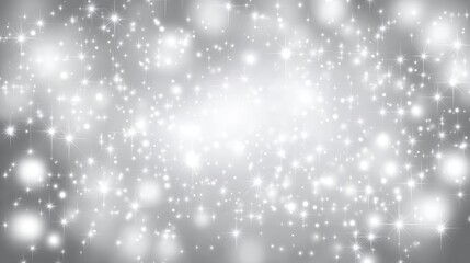 Fototapeta premium Winter background with the image of falling snow, stars and bokeh lights, white and gray colors, shiny glittery texture, blurred background